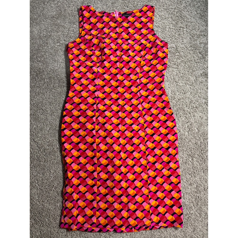 City Silk Petite Pink Orange Geometric Print Silk Sheath Dress 6P Retro Mod
